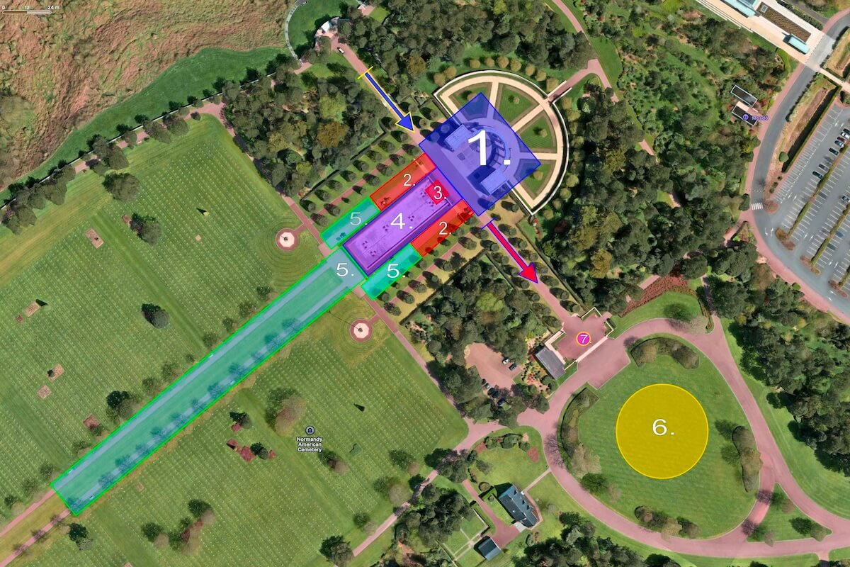 A Normandiai Amerikai Katonai Temető felülnézeti képe (forrás: Apple Térképek, 2024.11.06.)